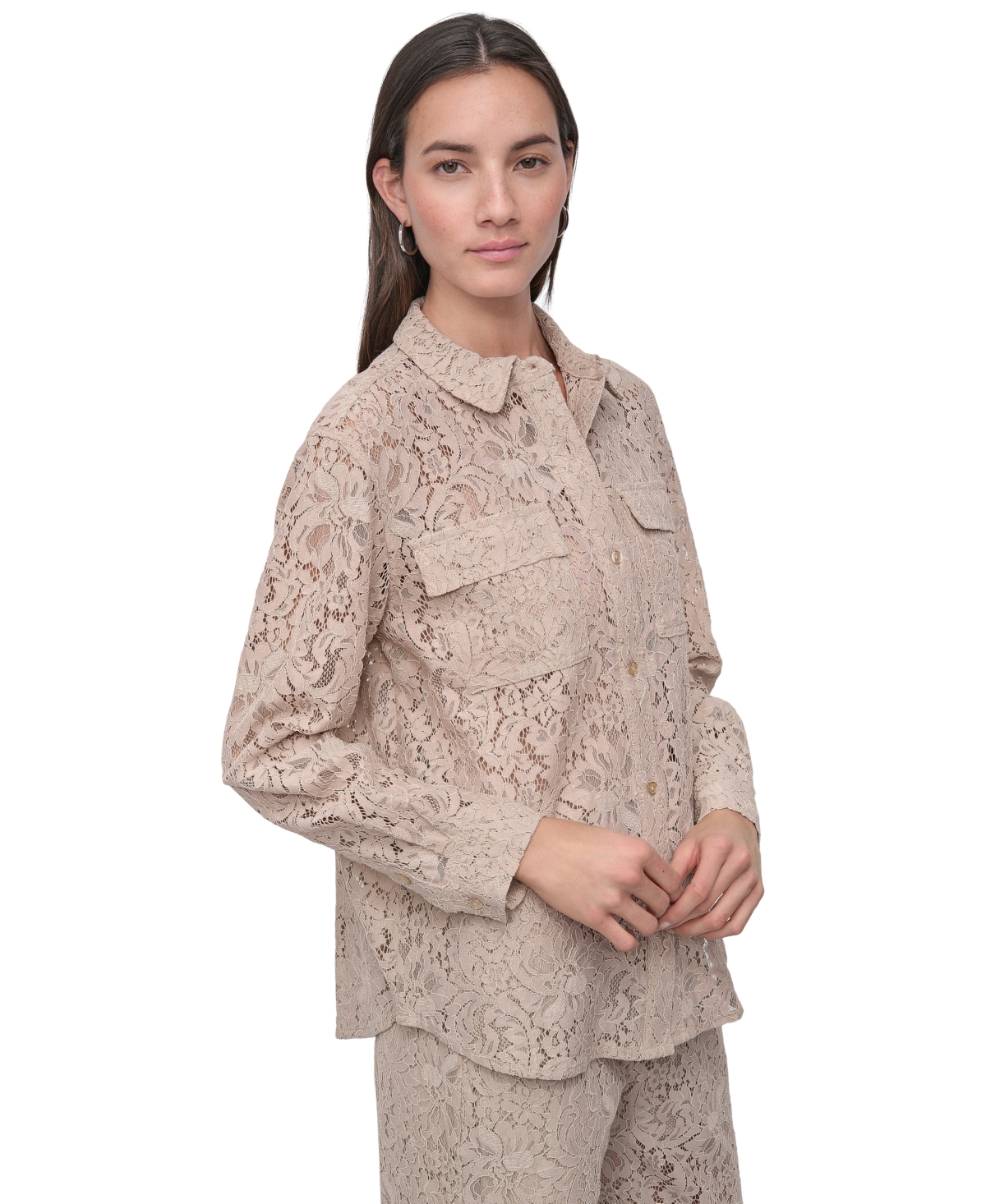 DKNY JEANS WOMEN'S LONG SLEEVE BUTTON FRONT LACE SHIRT 