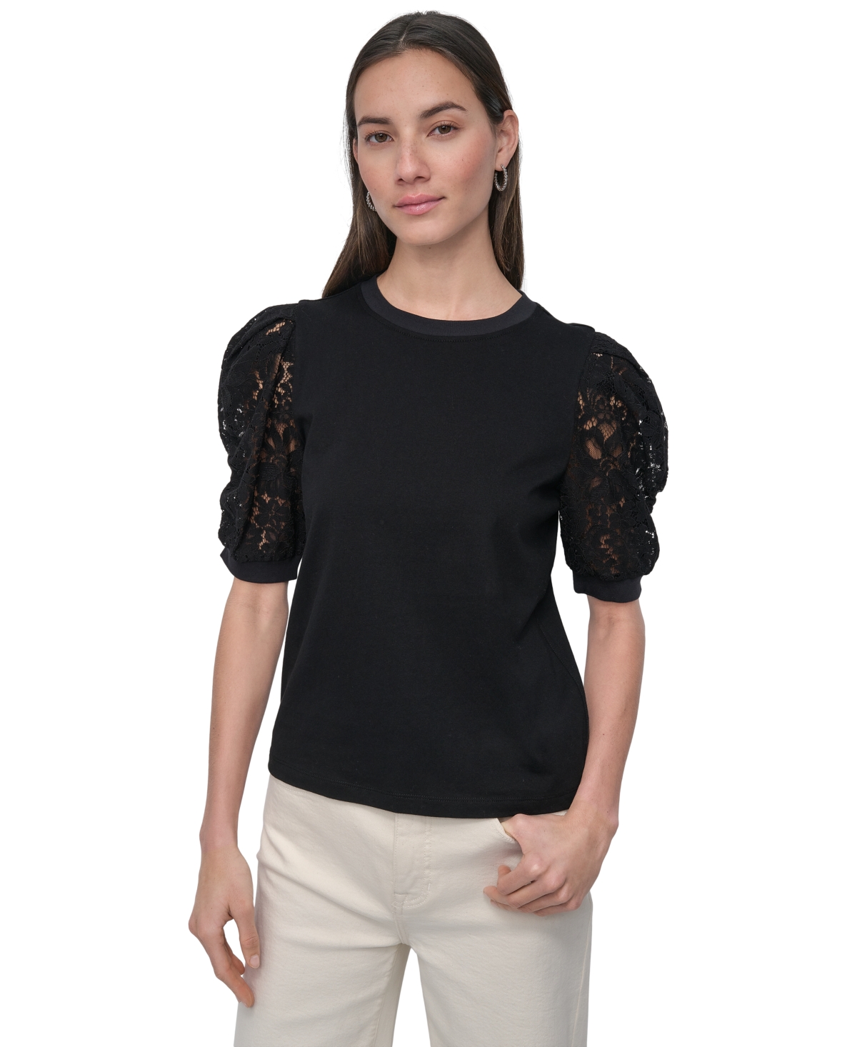 DKNY JEANS WOMEN'S MIXED MEDIA LACE-SLEEVE TOP 