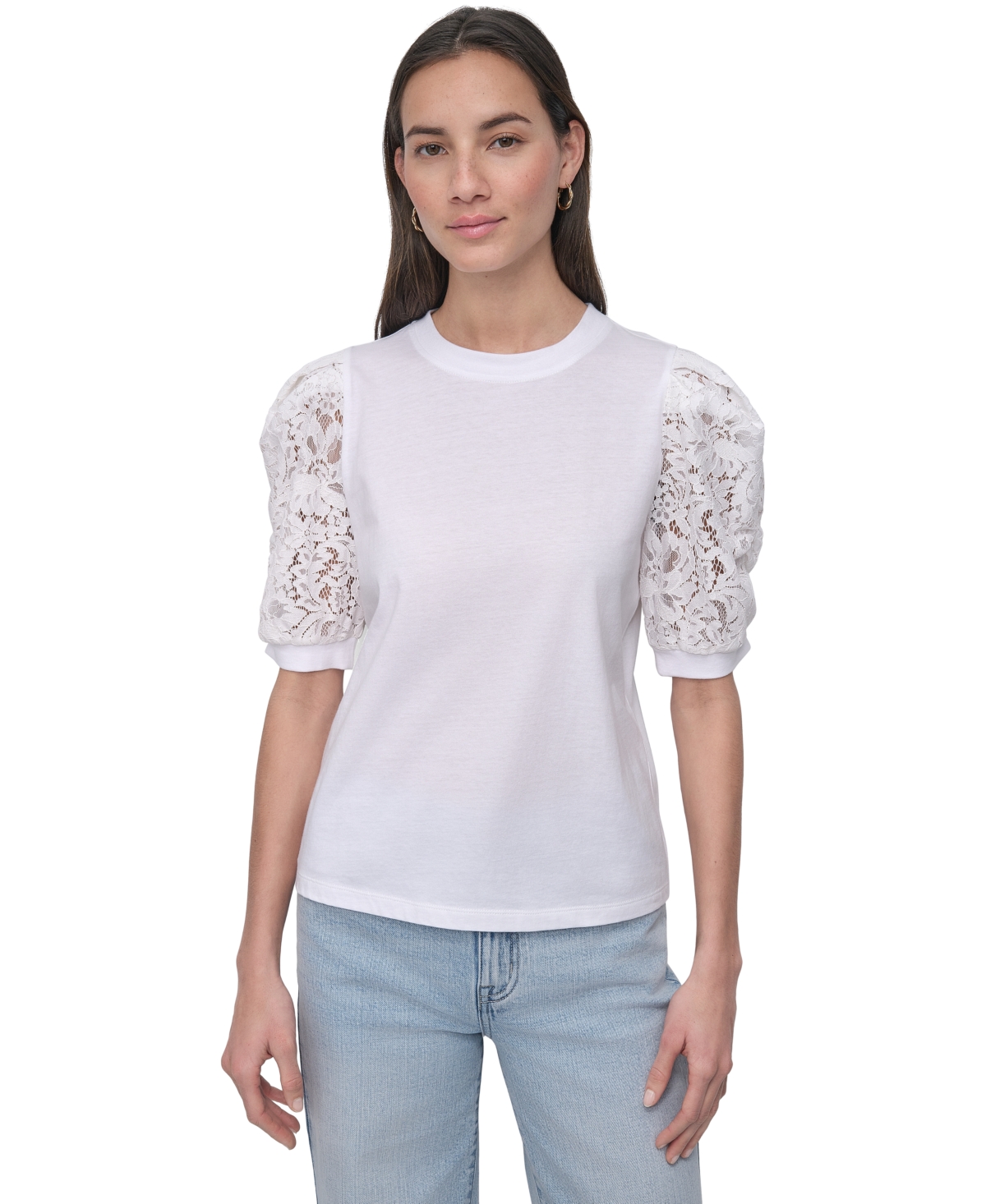DKNY JEANS WOMEN'S MIXED MEDIA LACE-SLEEVE TOP 
