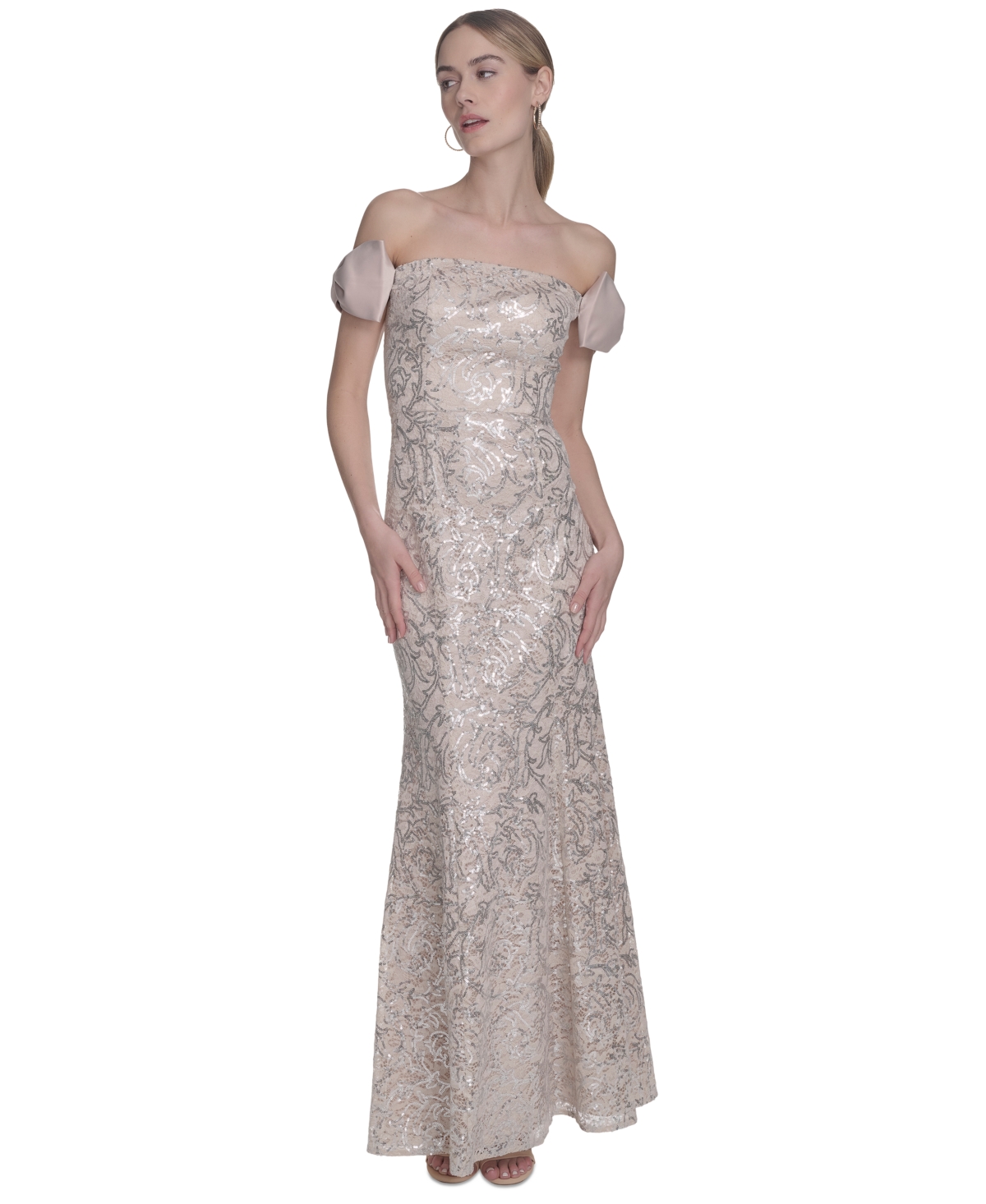 Women's Bow-Trim Off-The-Shoulder Sequin Gown - Champagne