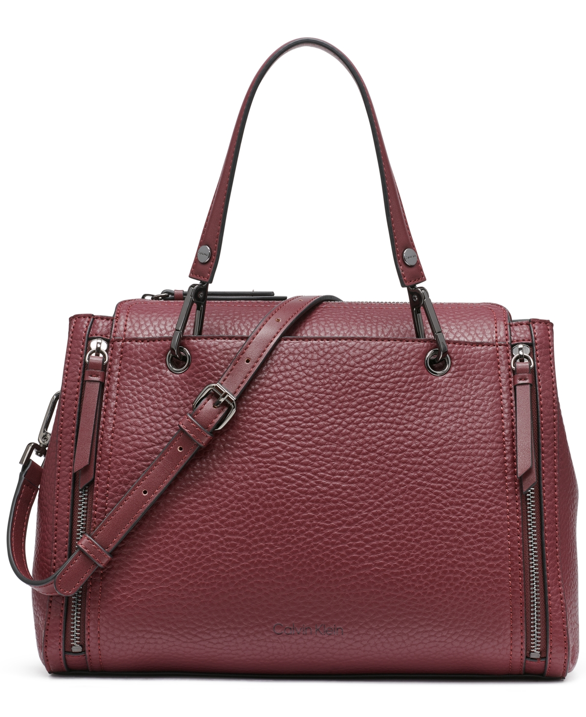 Calvin Klein Garnet Triple Compartment Top Zipper Satchel In Deep Rouge