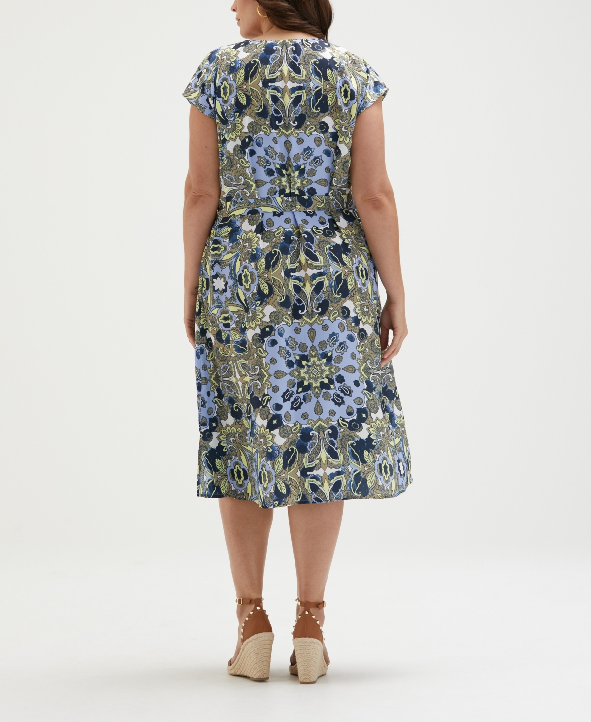 ELLA RAFAELLA PLUS SIZE SCARF PRINT SELF TIE SHORT SLEEVE DRESS 