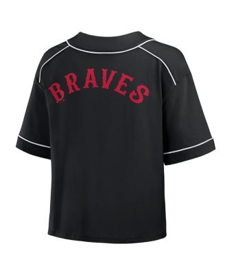 Women's Black Atlanta Braves Oversized Champ Game Midi Cropped V-Neck T-Shirt
