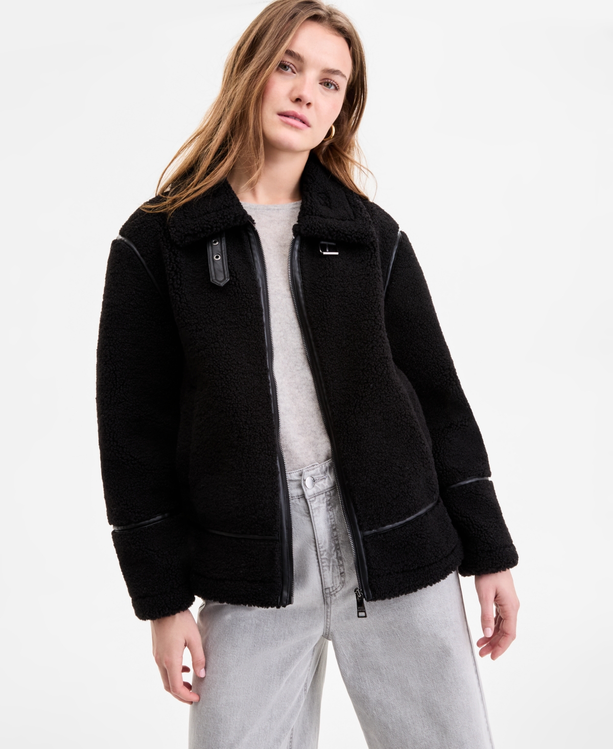 Steve Madden Women's Faux-sherpa Faux-leather-trim Coat In Black