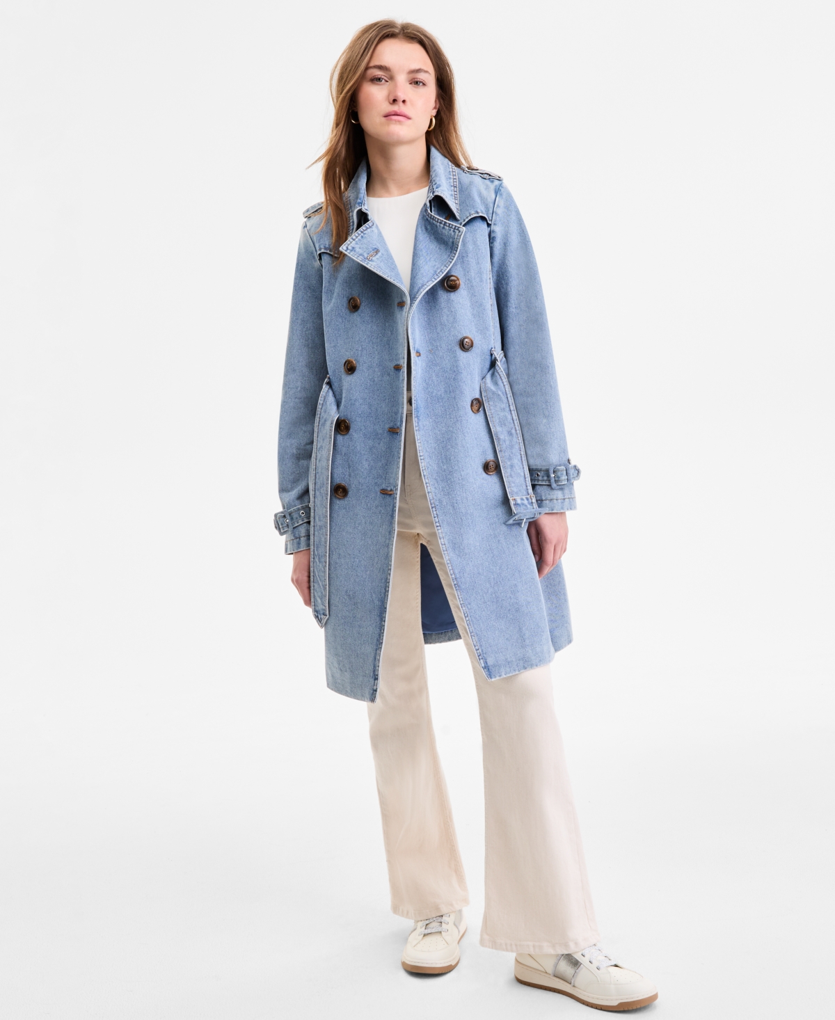 Women's Double-Breasted Denim Trench Coat - Denim