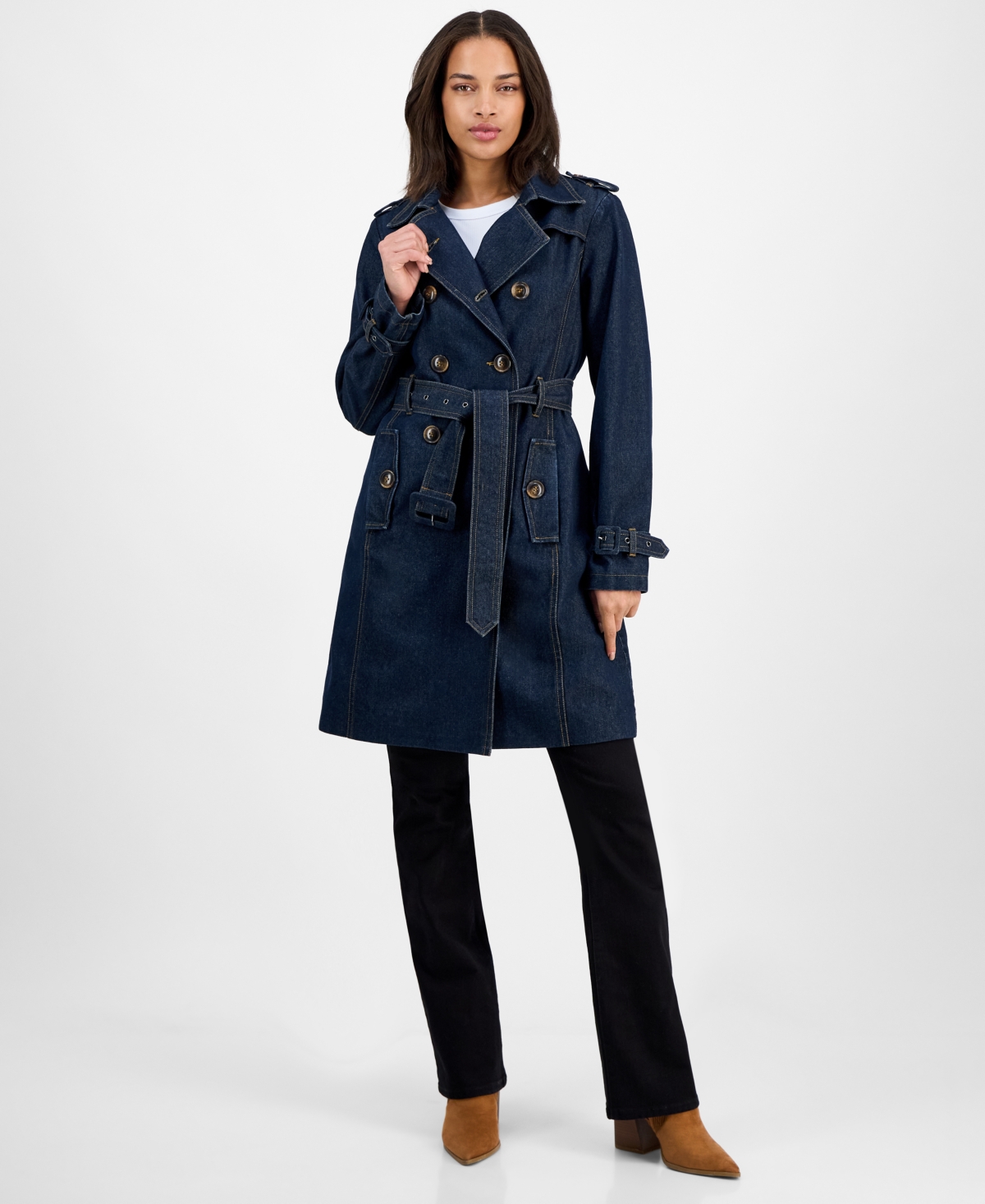 Women's Double-Breasted Denim Trench Coat - Denim