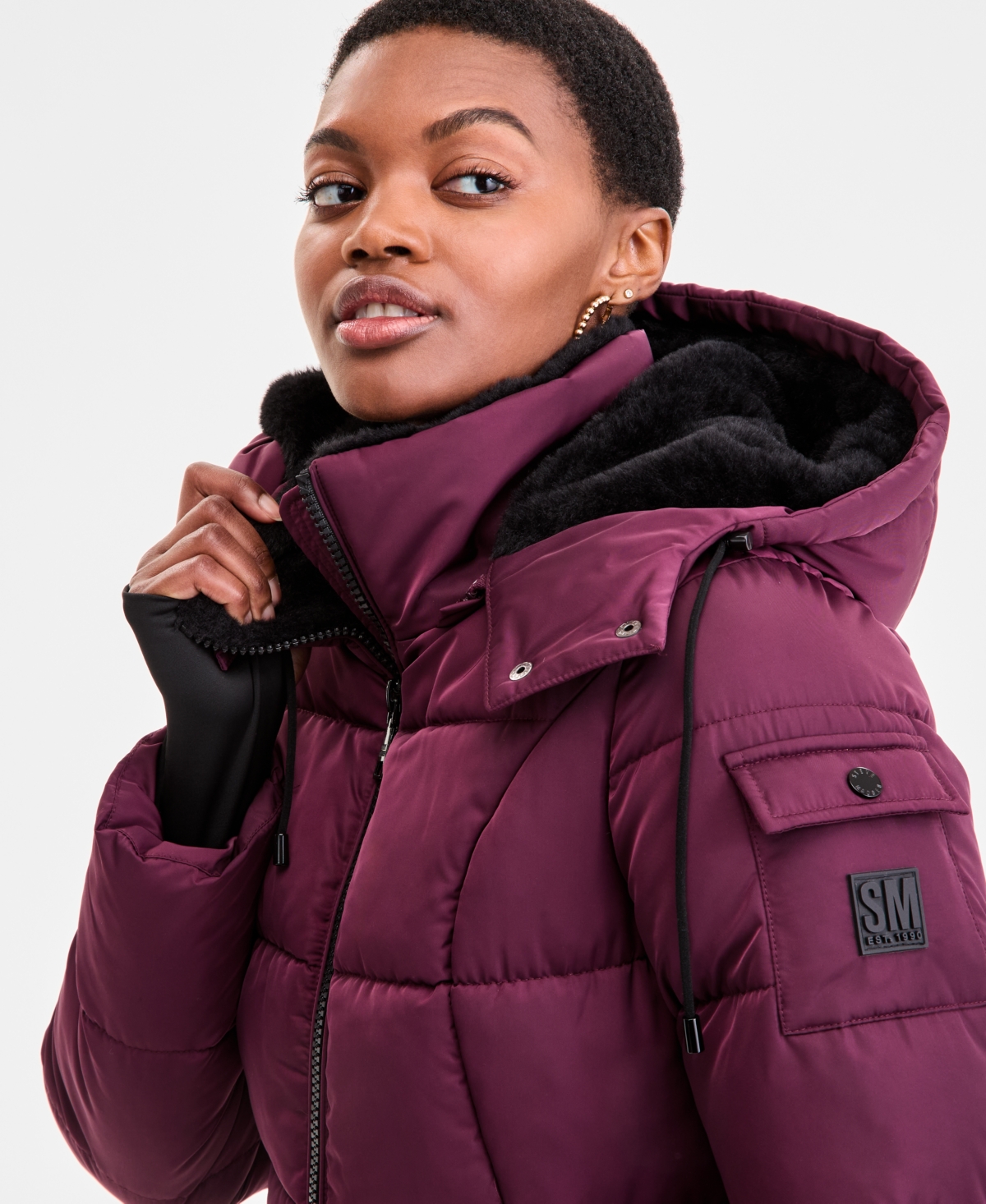 Steve Madden Women's Faux-fur-trim Hooded Puffer Coat In Burgundy