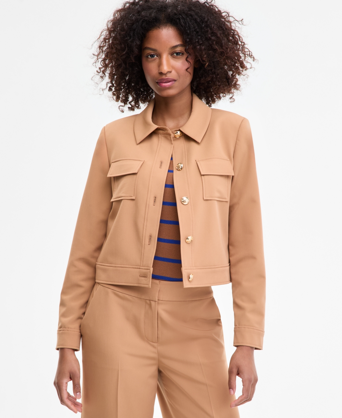 Women's Cropped Button-Front Jacket - Camel