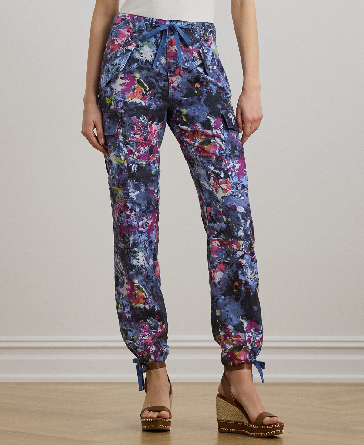 Petite Print Linen Cargo Ankle Pants - Blue Multi