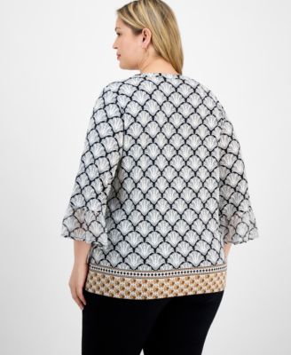 Plus Size Printed Chiffon-Sleeve Blouse