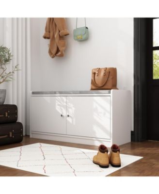 Shoe bench with movable shelves, white wooden shoe rack with two doors and four storage compartments, Entryway Bench