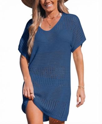 Women's Beige Crochet Short Sleeve Cover-Up Dress
