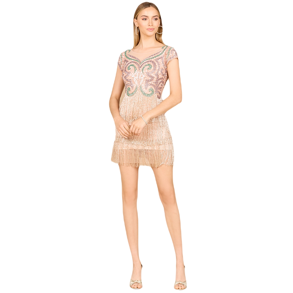 Women's Cap Sleeve Cocktail Gown with Fringes - Blush/multi