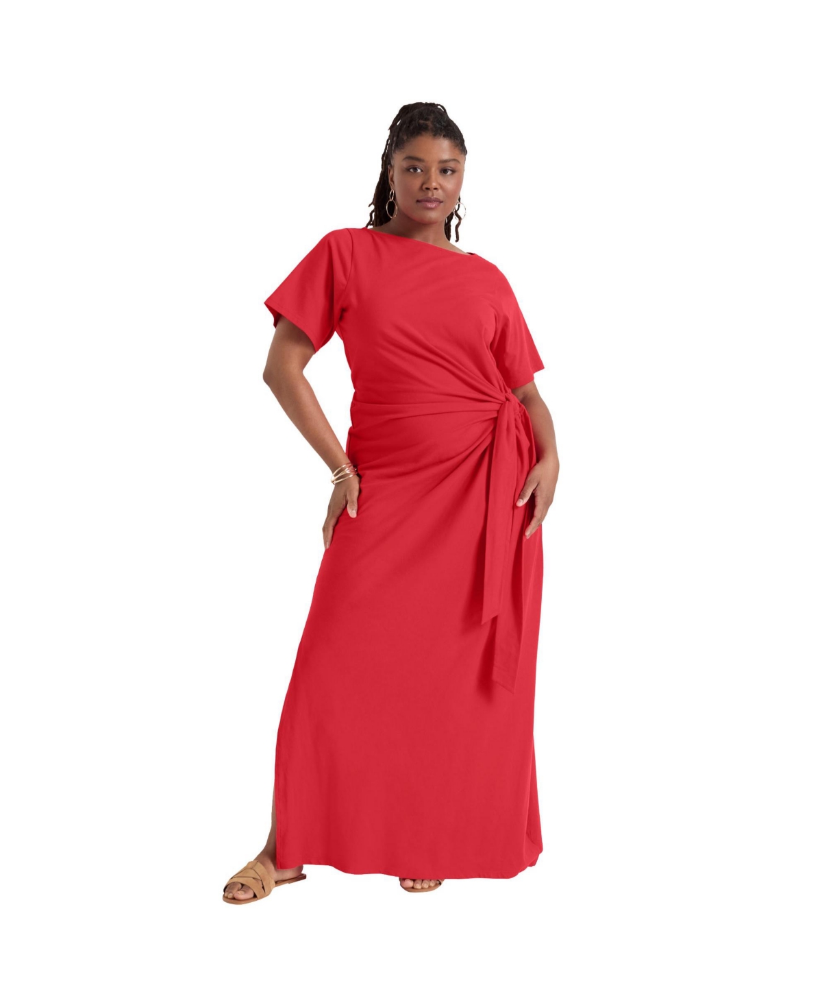 Plus Size June + Vie Boatneck Gathered Midi Dress - Hibiscus