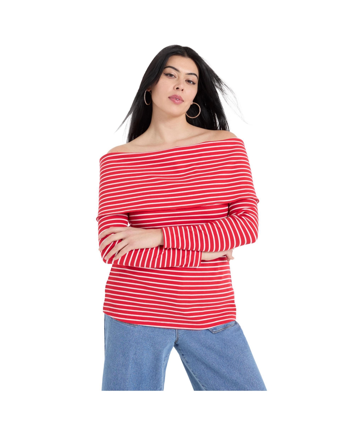 Plus Size June + Vie Long-Sleeve Off-The-Shoulder Top - Stripe