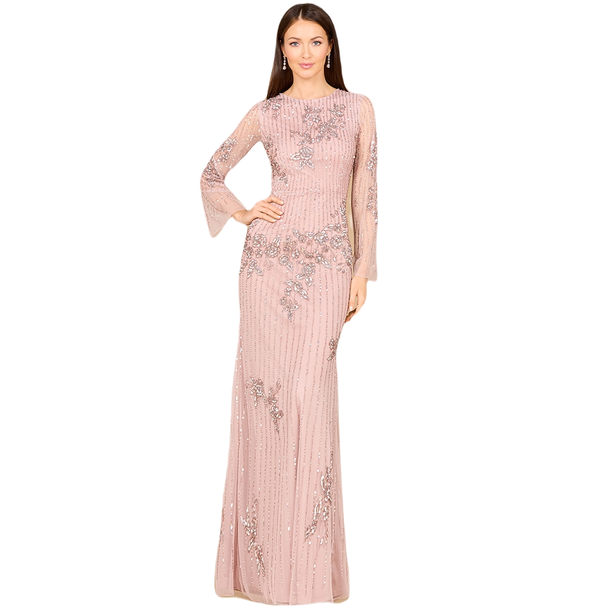 Women's Long Sleeve, High Neck Beaded Gown - Outlet - Amethyst