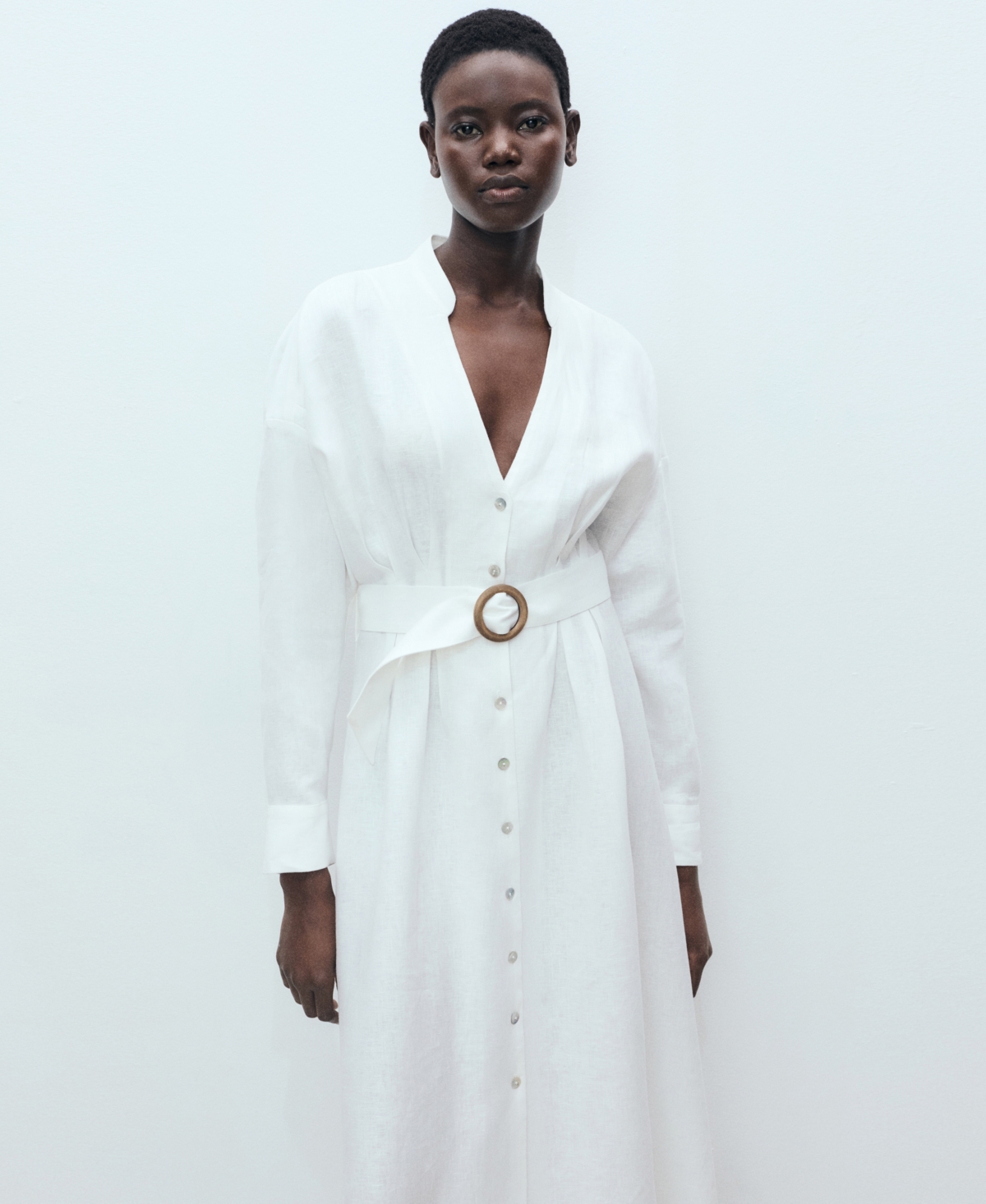 Mango Belted Long Sleeve Linen Shirtdress In White