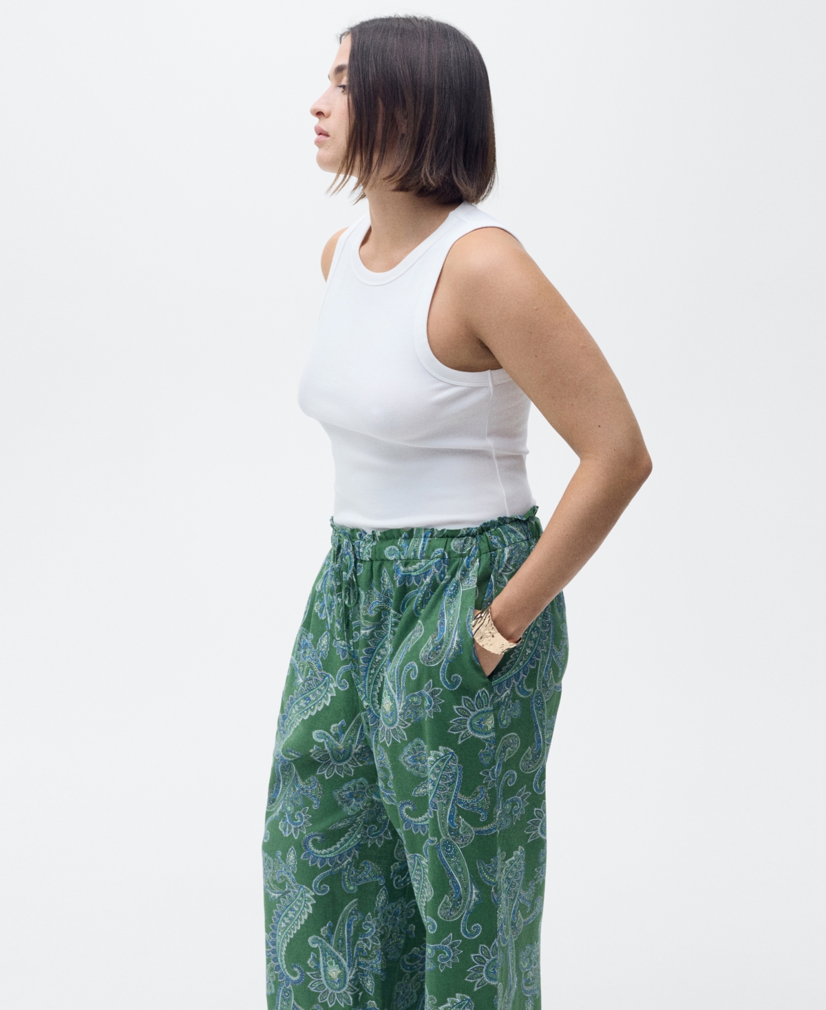Shop Mango Women's Paisley Linen Pants In Green