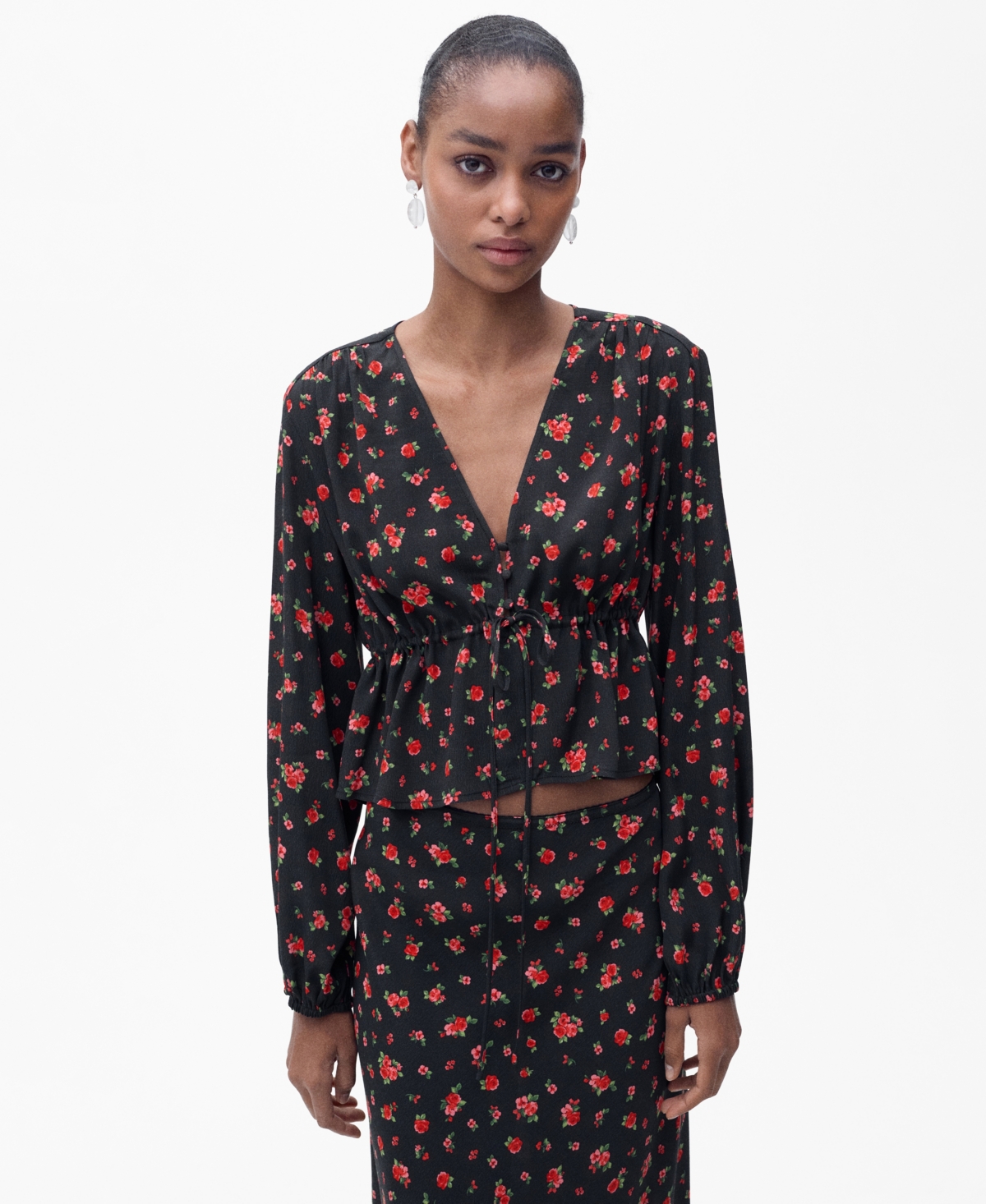 Women's Ruffled Floral Blouse - Black