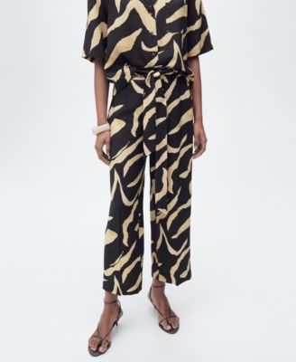 Women's Belted Printed Straight Trousers Pants