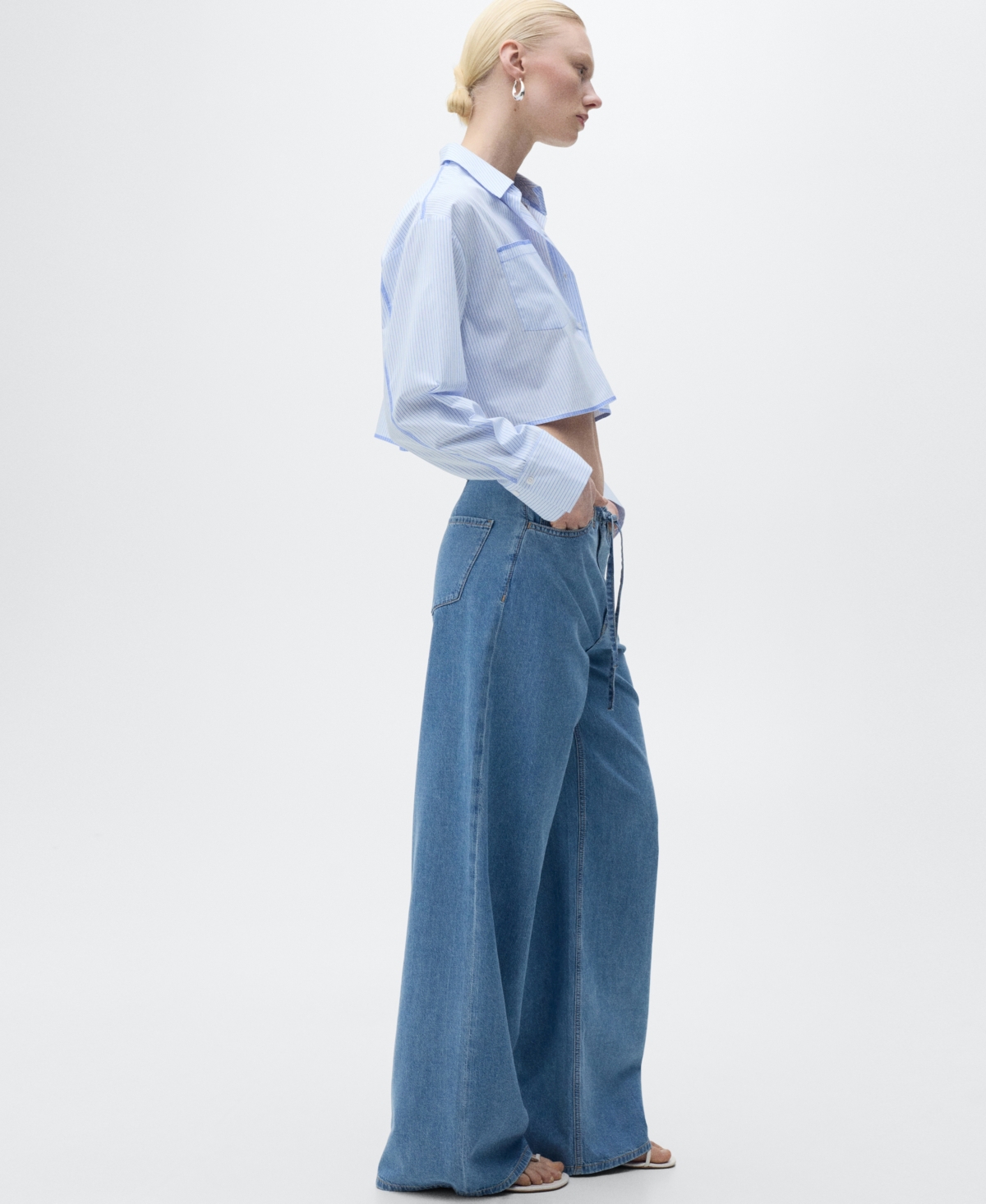 Shop Mango Women's Belted Wide Leg Denim Pants In Medium Blue