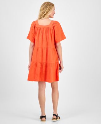 Women's Cotton Gauze Square-Neck Tiered Dress, Exclusively at Macy's