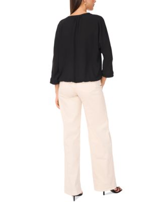 Women's V-Neck Pleated-Front-Panel 3/4-Sleeve Top