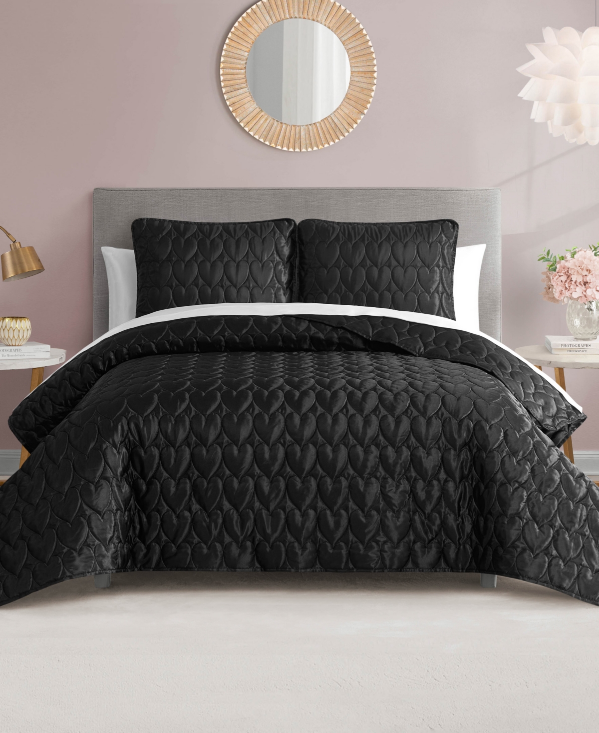 Juicy Couture Satin Heart Stitched 3 Pc. Quilt Set, King In Black