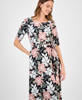 Women's Printed Elbow-Sleeve Midi Dress, Regular & Petite