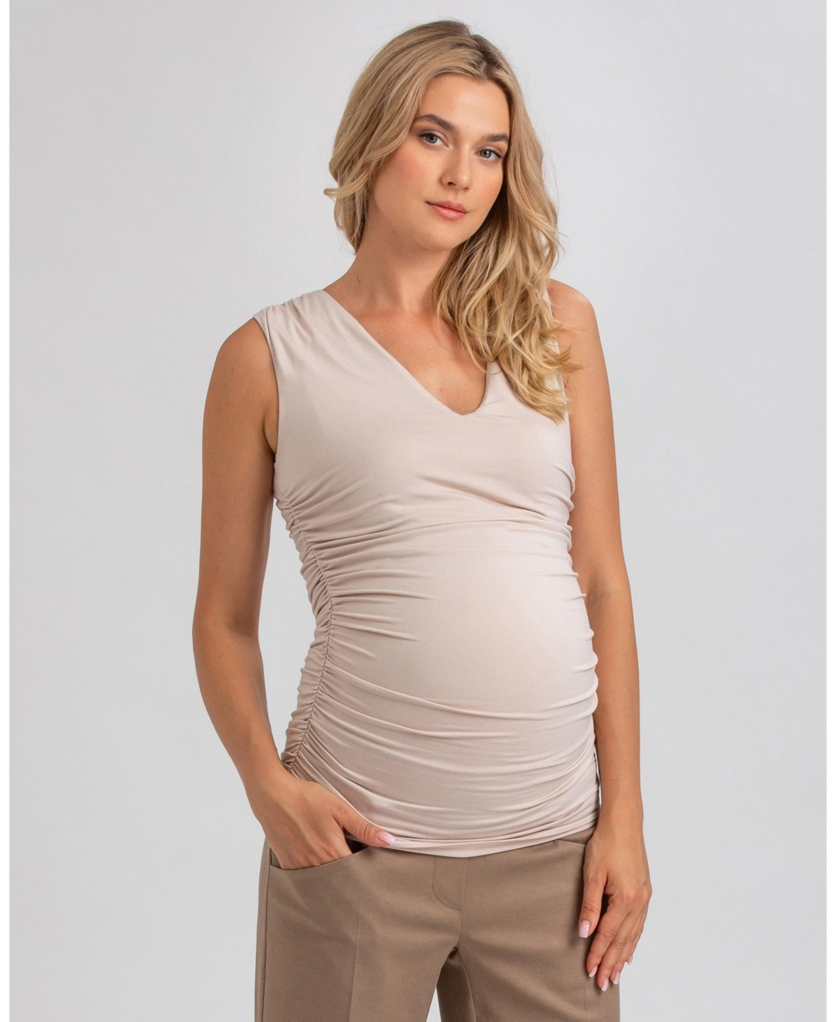 Pietro Brunelli Maternity Maternity Sleeveless Dolce Blouse With V-neck And Side Ruching In Icy Beige