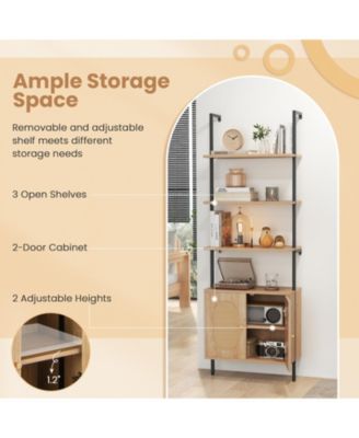 71 Inch 6-Tier Wall Mounted Ladder Bookshelf with Rattan Cabinet-Natural