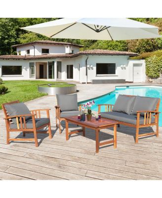 4PCS Wooden Patio Furniture Set Table Sofa Chair Cushioned Garden