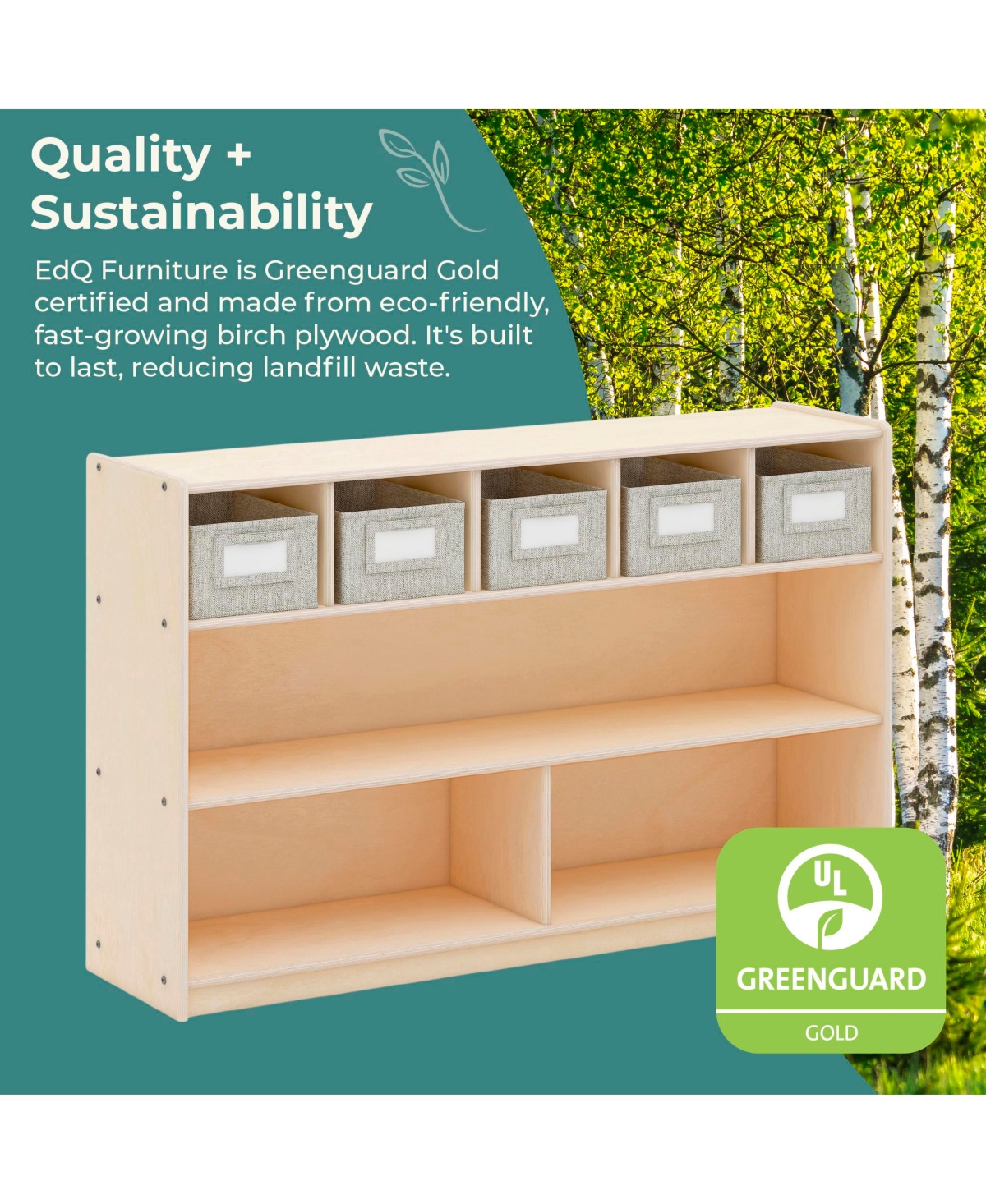 Guidecraft EdQ Shelves and 5 Bin Storage Unit 30" - Natural: Children's Wooden Toy Organizer for Kids' Bedrooms Playrooms