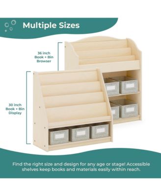EdQ Book and Bin Display - White: Children's Wooden Bookcase with Shelves and Storage Bins for Kids' Books and Toys