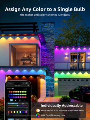 E1 AI Permanent Outdoor Lights APP Control, 50ft Smart RGB+IC Christmas House Lights with 30 Warm/Cool White LED Pucks, Alexa Google Enabled, AI Generated Lighting LLM, NO Remote, 2.4 GHz WiFi