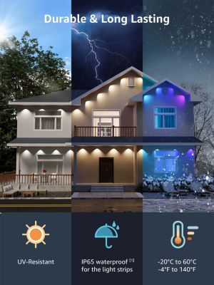 E1 AI Permanent Outdoor Lights APP Control, 150ft Smart RGB+IC Christmas House Lights with 90 Warm/Cool White LED Pucks, Alexa Google Enabled, AI Generated Lighting LLM, NO Remote, 2.4 GHz WiFi