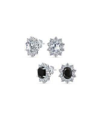 Set of 2 Classic  Crown Black Clear 1.5 CT CZ Stud Earring Silver Plated