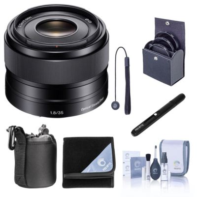 E 35mm f/1.8 OSS Lens for Sony E, Bundle with 49mm Filter Kit, Lens Case, Lens Wrap, Lens Cleaner, Cleaning Kit, Lens Cap Tether