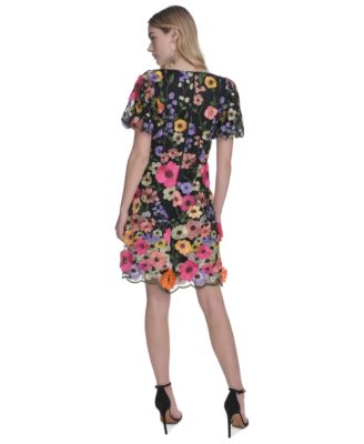 Petite Embroidered 3d-floral Puff-sleeve Shift Mini Dress