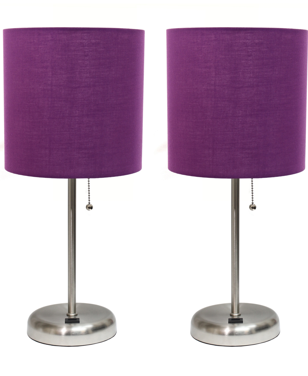 Creekwood Home 19.5" Metal Oslo Contemporary Bedside Duo Table Lamp Set In Brushed Steel,purple Shade