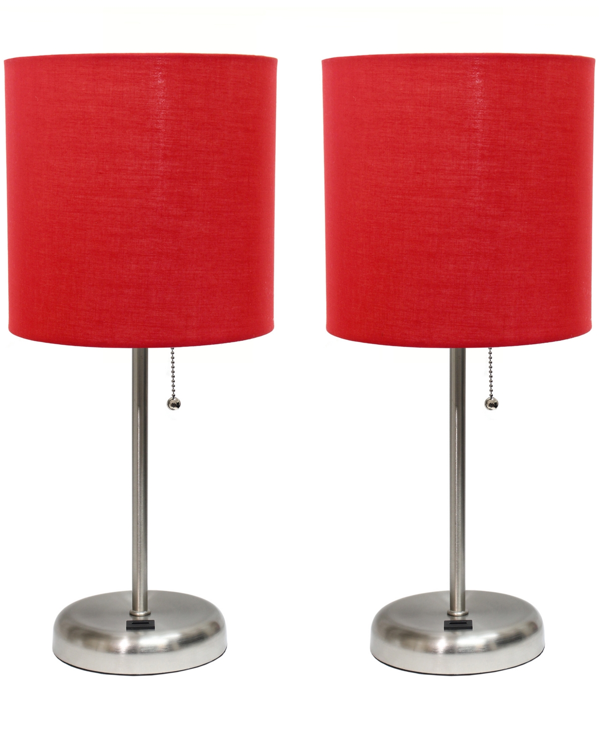 Creekwood Home 19.5" Metal Oslo Contemporary Bedside Duo Table Lamp Set In Brushed Steel,red Shade