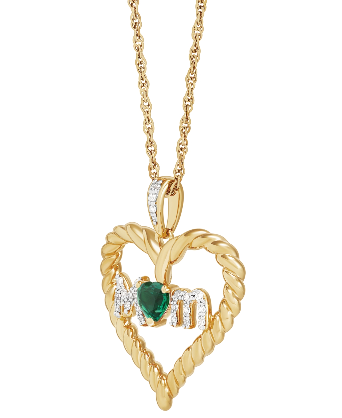 Macy's Lab-created Emerald (1/5 Ct. T.w.) & Diamond Accent Mom Heart Pendant Necklace In 14k Gold-plated St