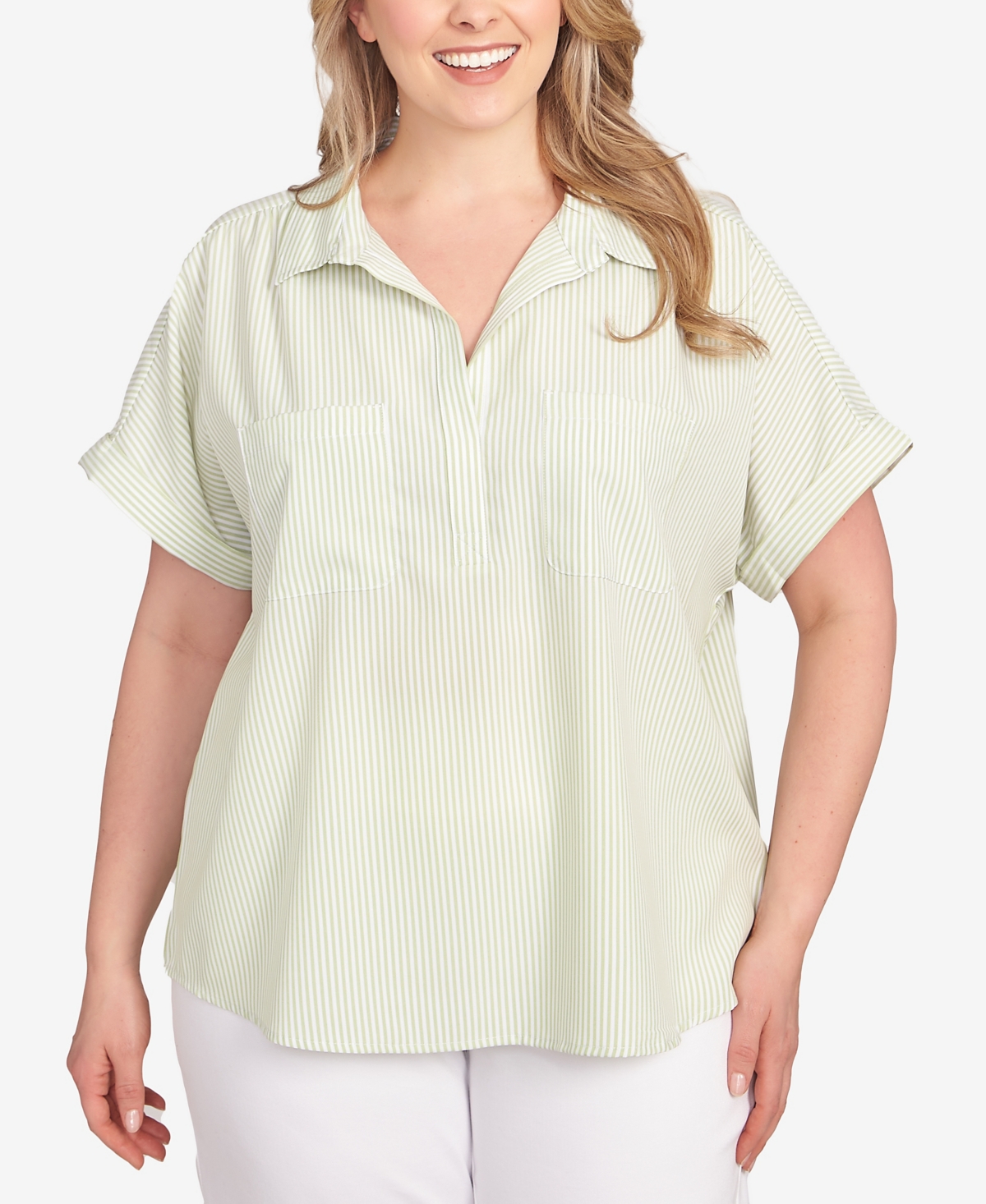 Plus Size Stripe Pull Over Top - Bright Green Multi