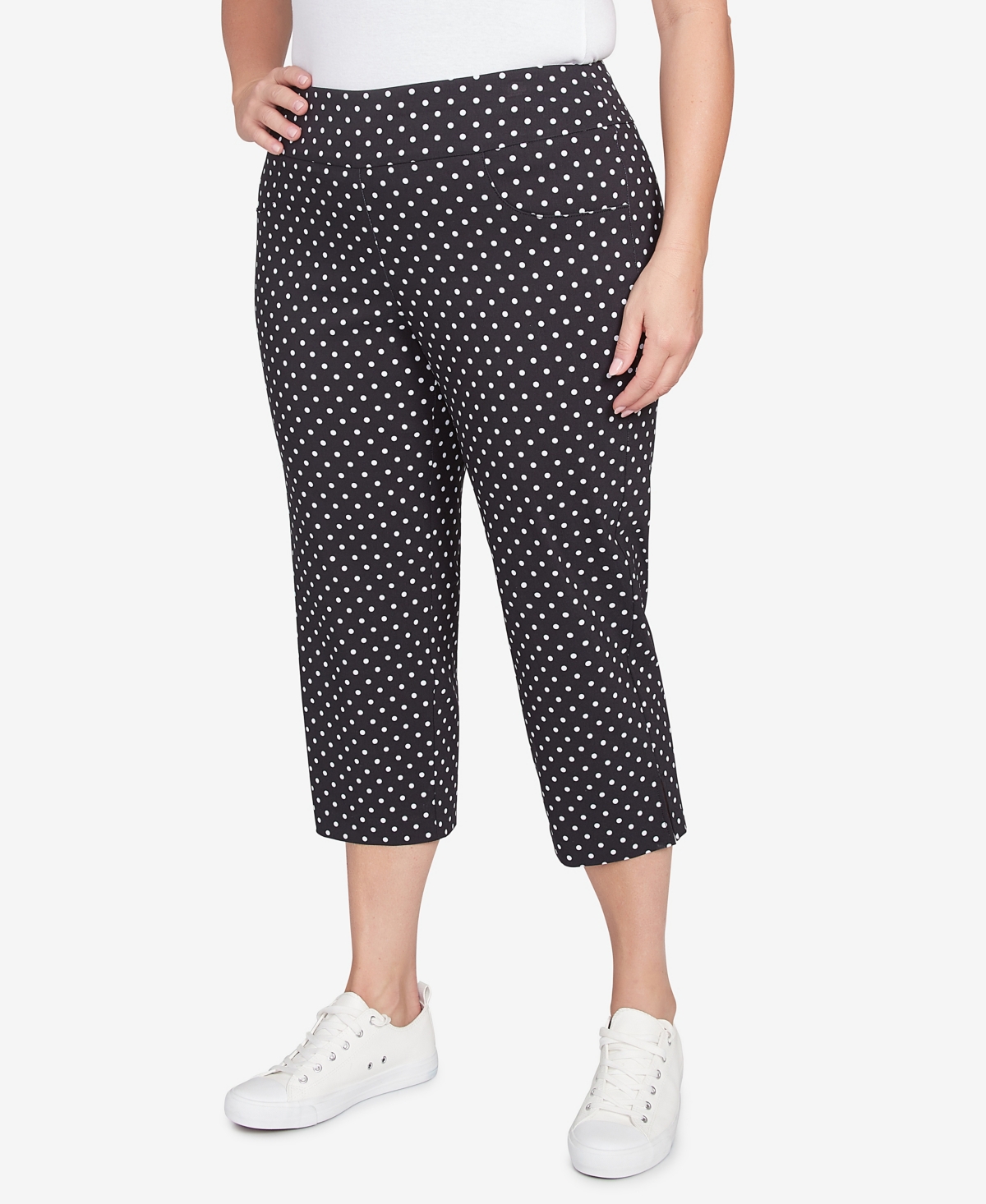 Hearts Of Palm Plus Size Polka Dot Print Capri Pants In Black Multi