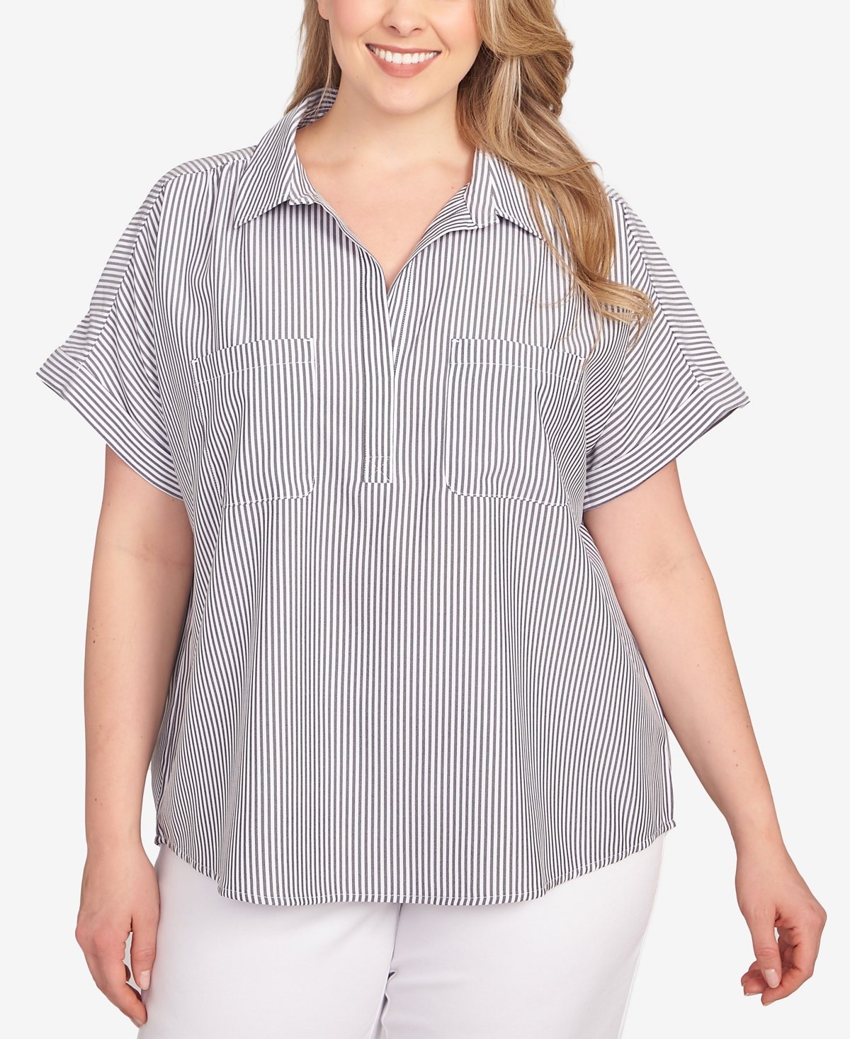 Plus Size Stripe Pull Over Top - Black/White