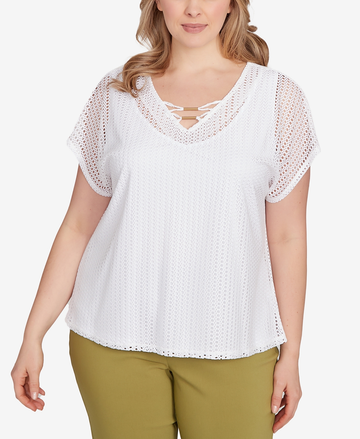 Plus Size Short Sleeve Textured Top - White
