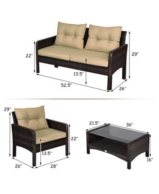 4PCS Patio Rattan Furniture Set Loveseat Sofa Coffee Table Garden W/ Cushion