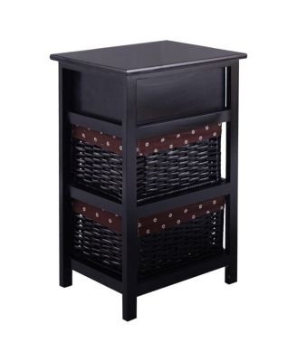 3 Tiers Wooden Storage Nightstand with 2 Baskets and 1 Drawer