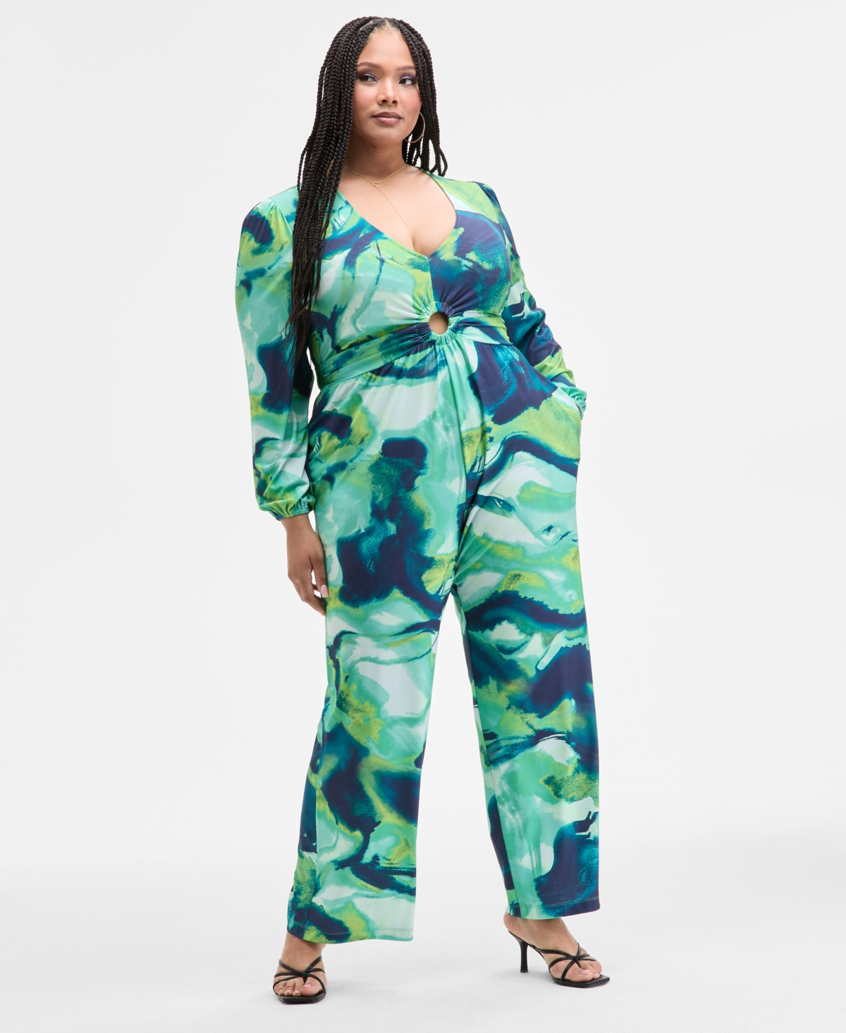 Nina Parker Trendy Plus Size Long-sleeve Ring-detail Jumpsuit