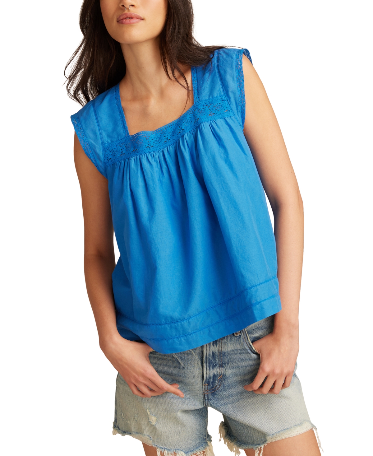 Women's Cotton Lace-Trim Tank Top - Strong Blue